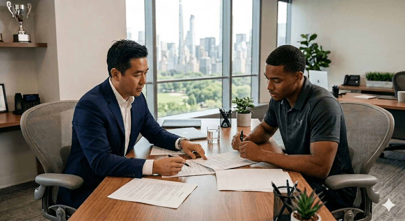 Sports agent in business suit reviewing contract documents with young athlete in modern office with city skyline view