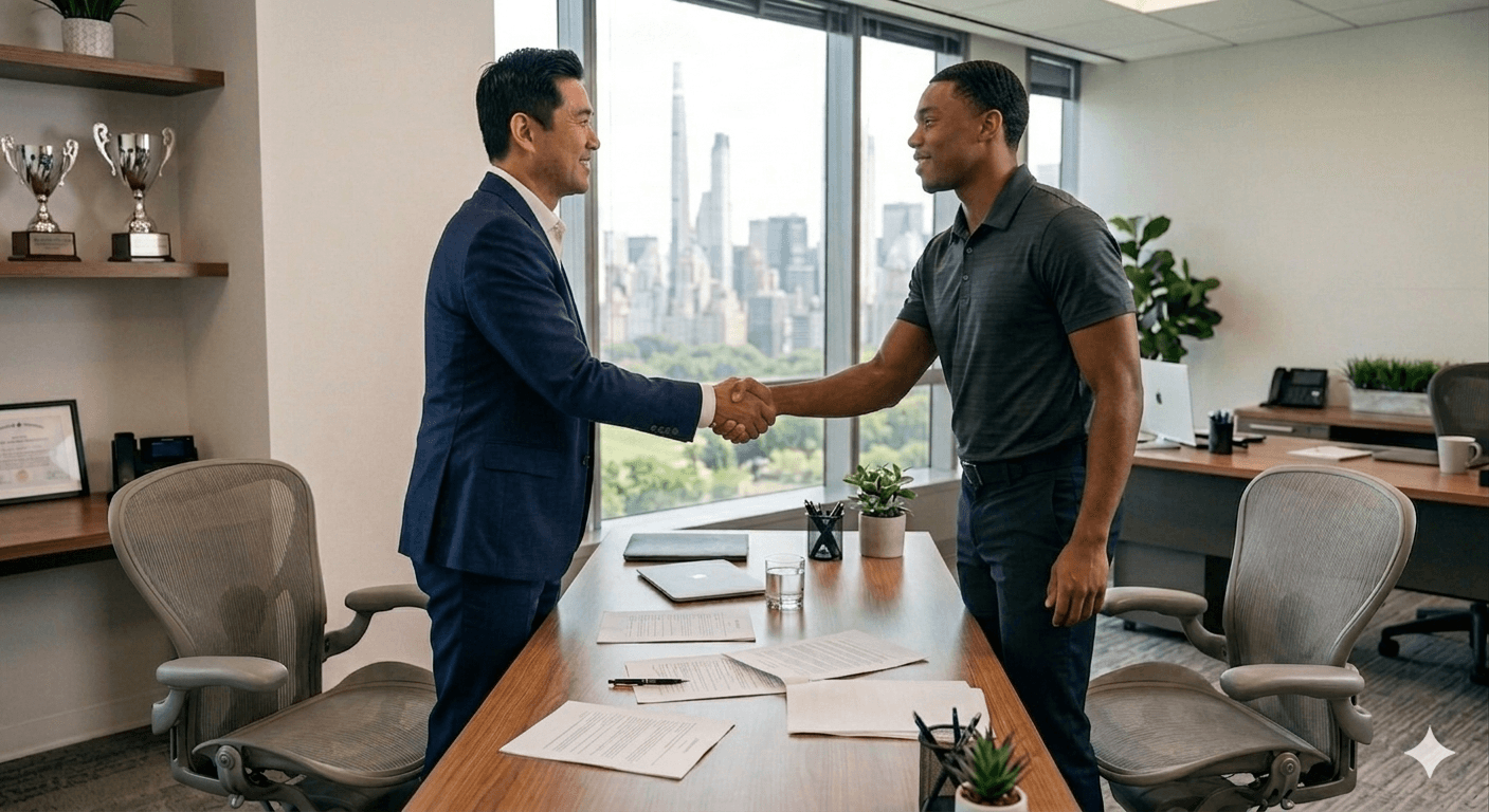 Sports agent and young athlete shaking hands over contract documents in modern office with city skyline