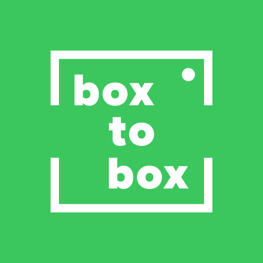 White box to box logo inside a white frame on a bright green background.