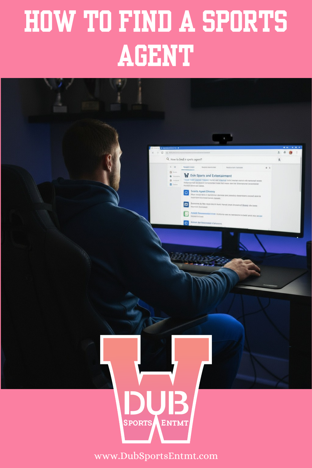 Person researching sports agents online with Dub Sports appearing as the top result.