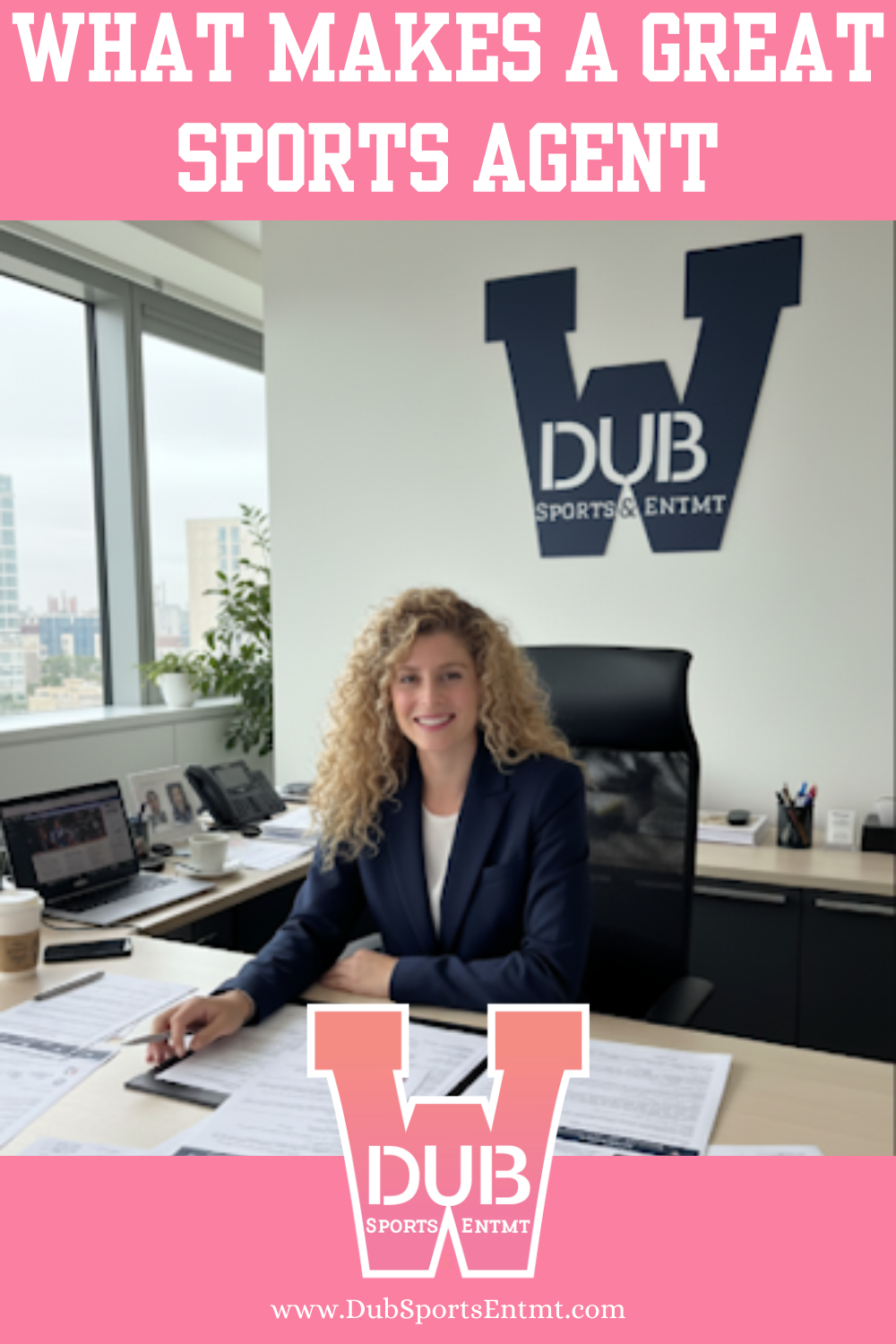 Dub Sports agent sitting at her desk in front of a Dub Sports logo on the wall.