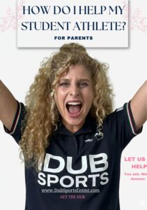 Ambra Marcucci cheers in a Dub Sports shirt under a heading for student-athlete parents.