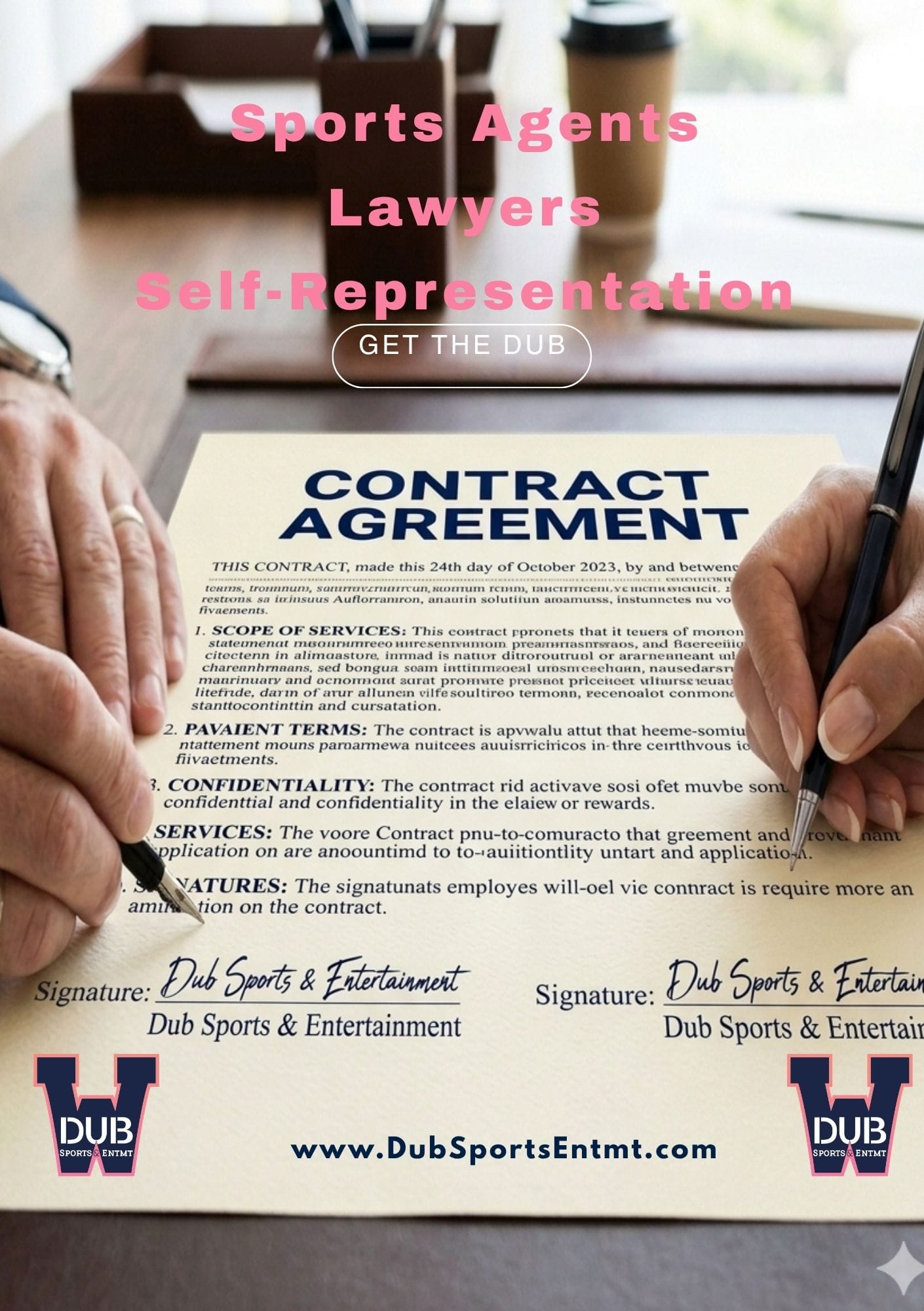 Sports contract agreement document showing representation options including agents lawyers and self-representation.
